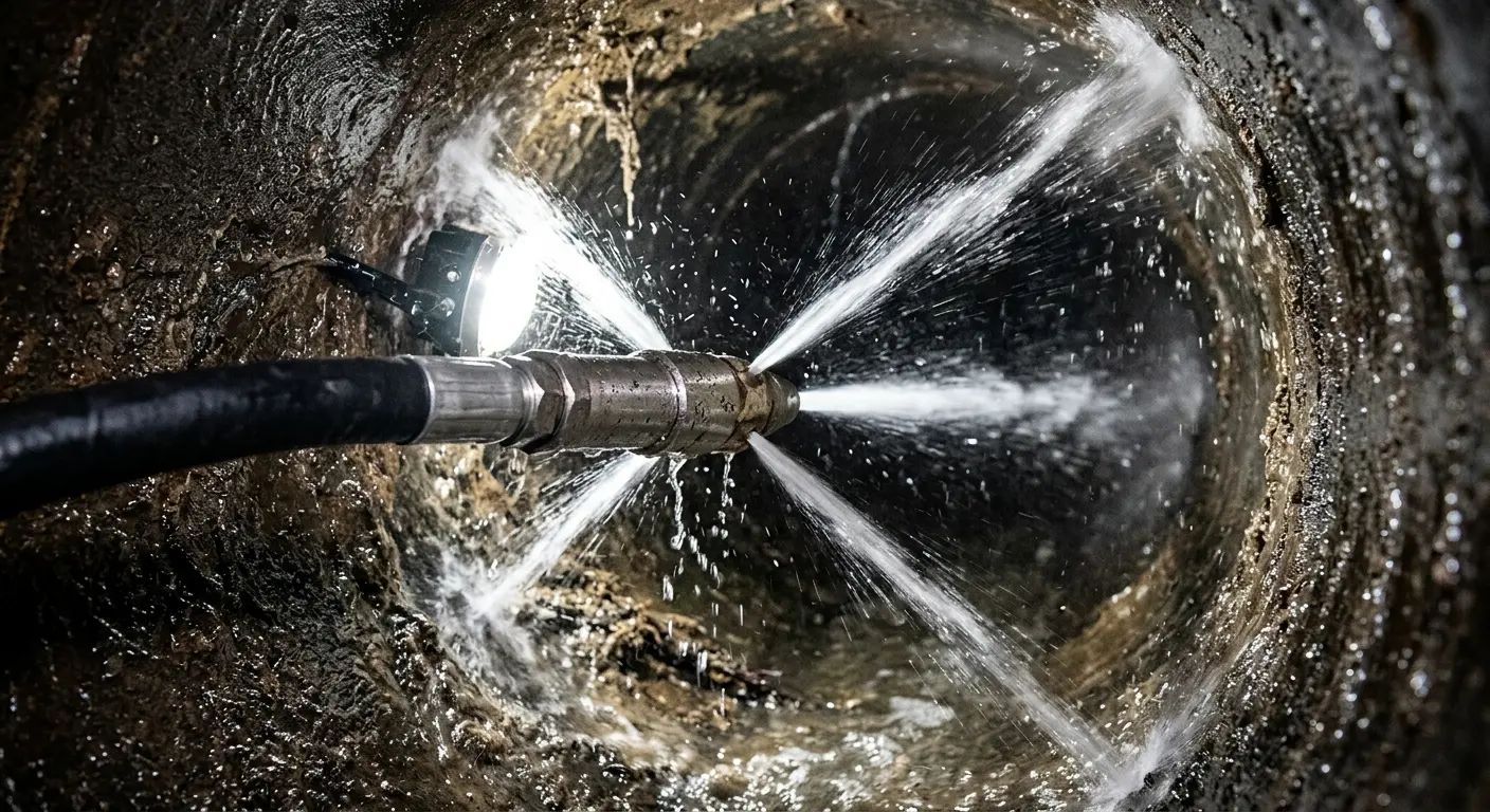 High-pressure hydro jetting nozzle cleaning sewer pipe for Emergency Drain Service in East Port Orchard