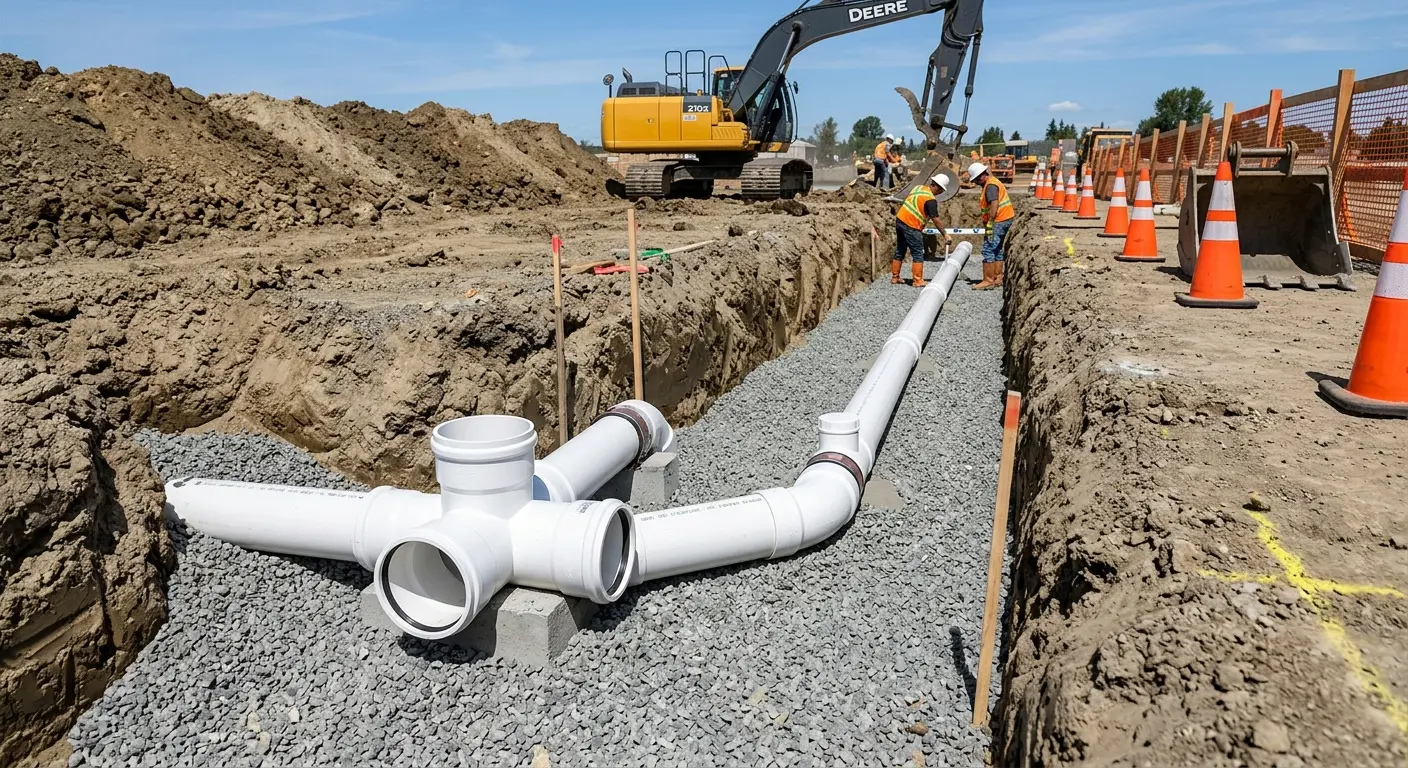 New PVC sewer pipe installation in open trench for Commercial Drain Cleaning in East Port Orchard