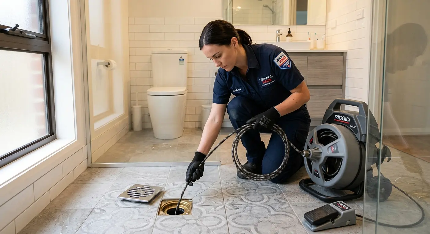 Technician clearing a bathroom floor drain for Clogged Drain Repair in East Port Orchard